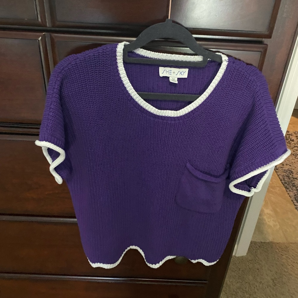 She + Sky Purple Knit sweater Top with White Accents size medium